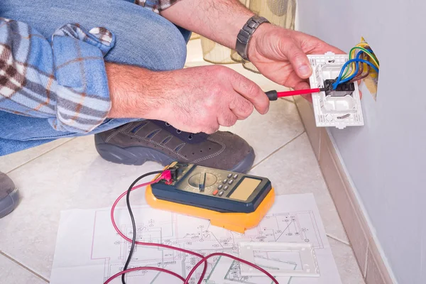 Electrician performing electrical diagnostics
